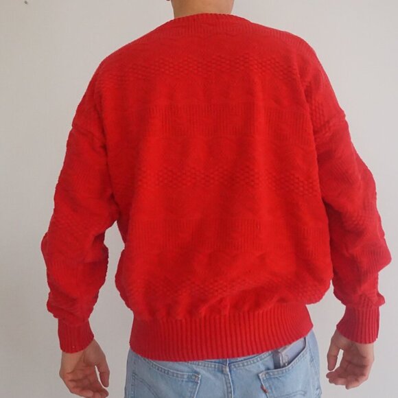 VTG 80s Spotlite Red 3D Eclectic Biggie Cosby Chunky Knit Crewneck Sweater XL - Picture 2 of 9